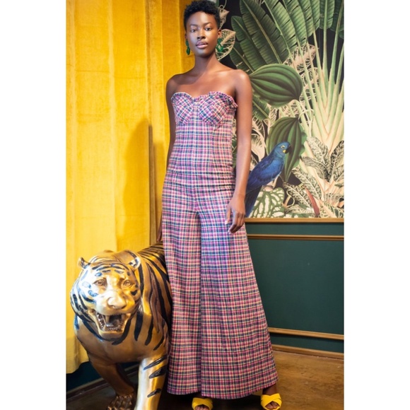 Eva Franco Anthropologie Pink Plaid Strapless Knit Jumpsuit Wide Leg NWT - Picture 1 of 4